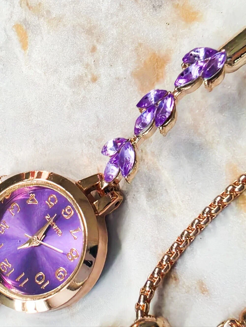 Elegant Purple Crystal Leaf Accent Watch Rose Gold Tone Adjustable Bolo Strap
